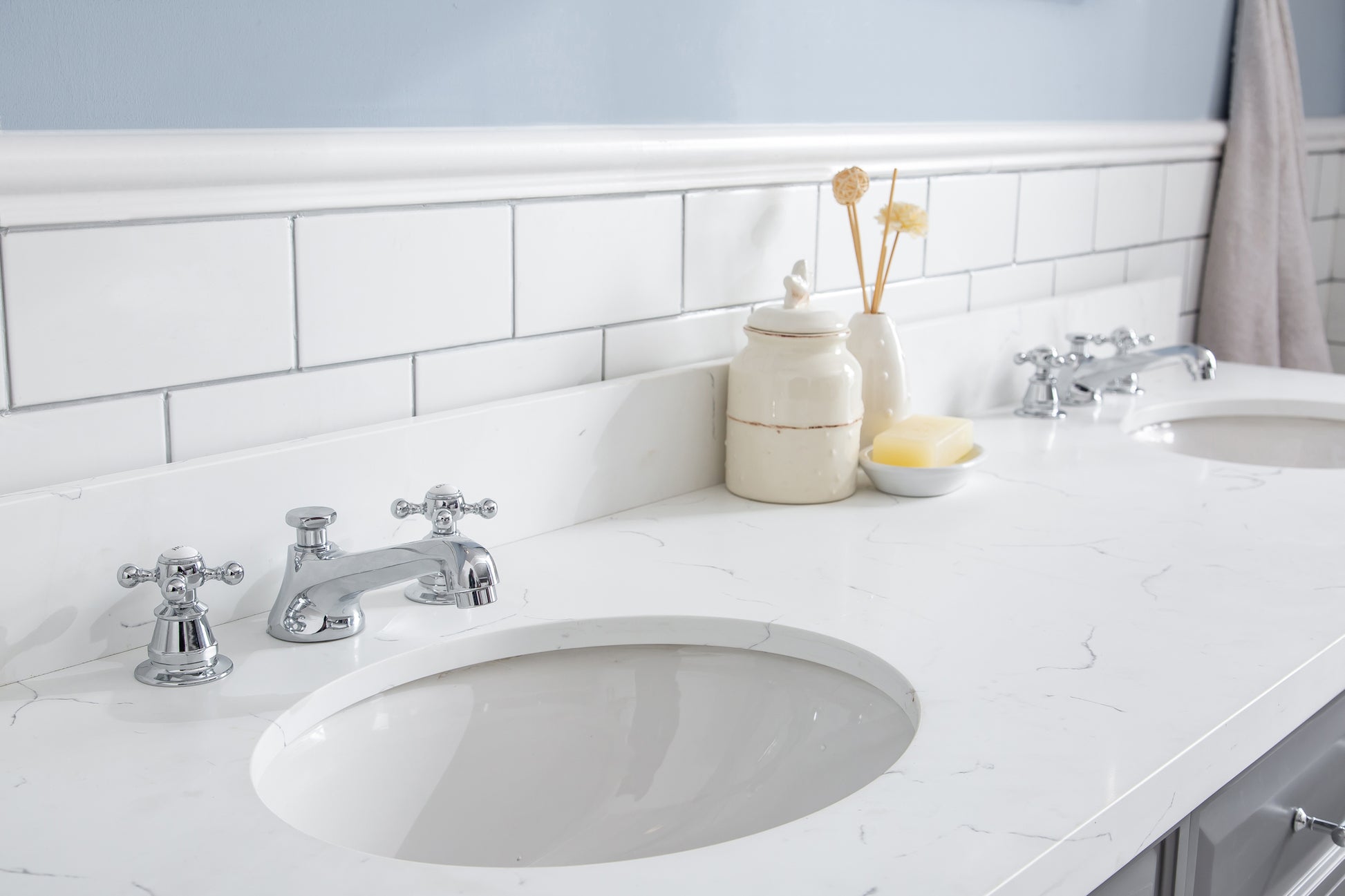 PALACE 72"W x 34"H Cashmere Gray Vanity with Carrara Quartz Countertop + Faucets (F2-0009), Chrome Finish Hardware