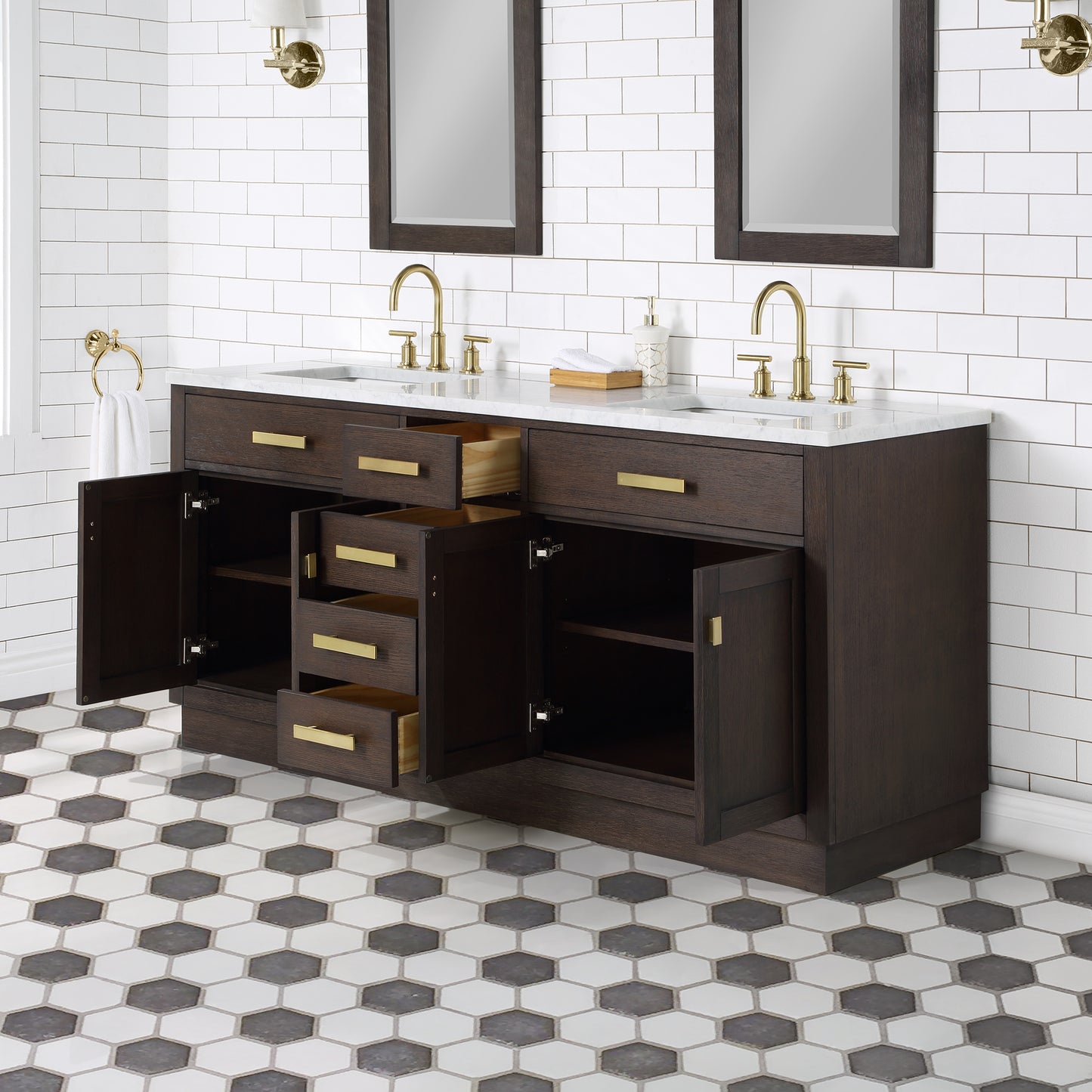 CHESTNUT 72"W x 34.2"H Brown Oak Double-Sink Vanity with Carrara White Marble Countertop + Faucets & Mirrors