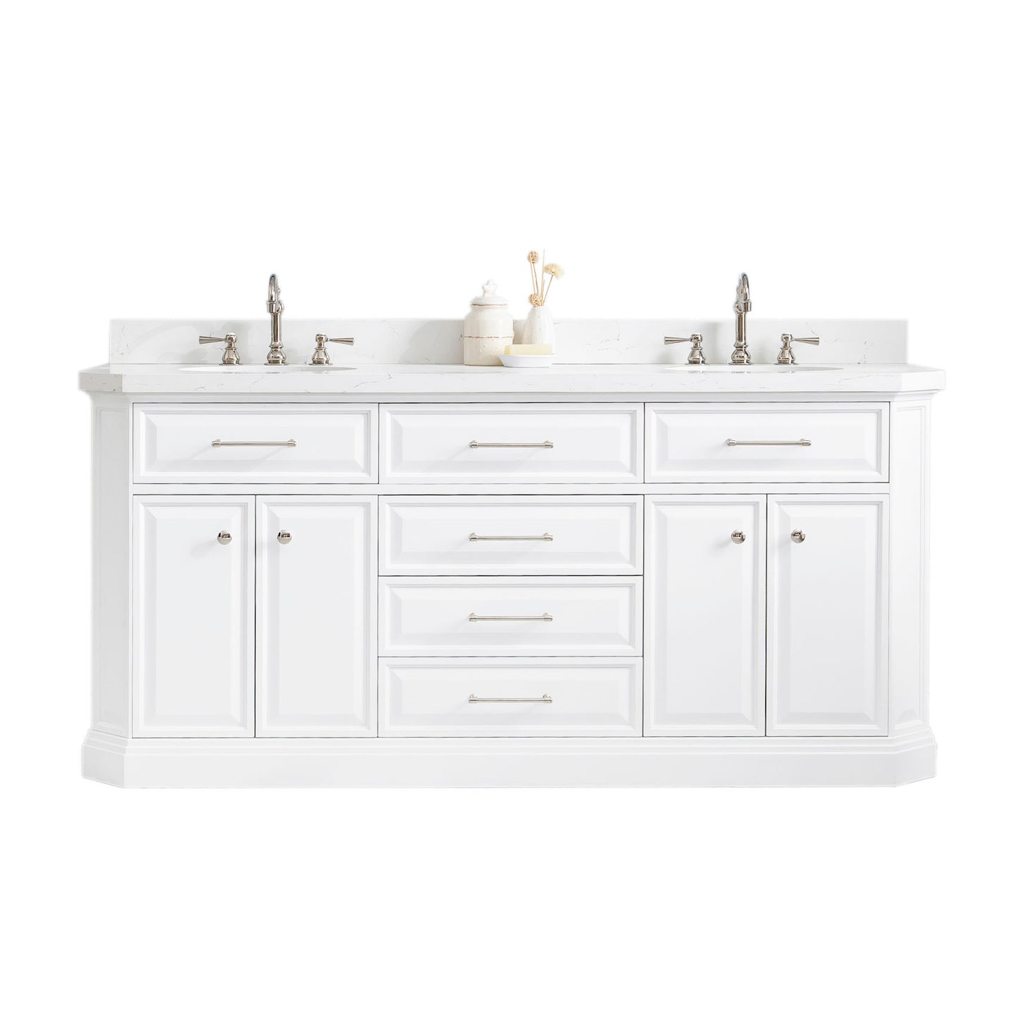 PALACE 72"W x 34"H Pure White Vanity with Carrara Quartz Countertop + Faucets (F2-0012), Polished Nickel Finish Hardware