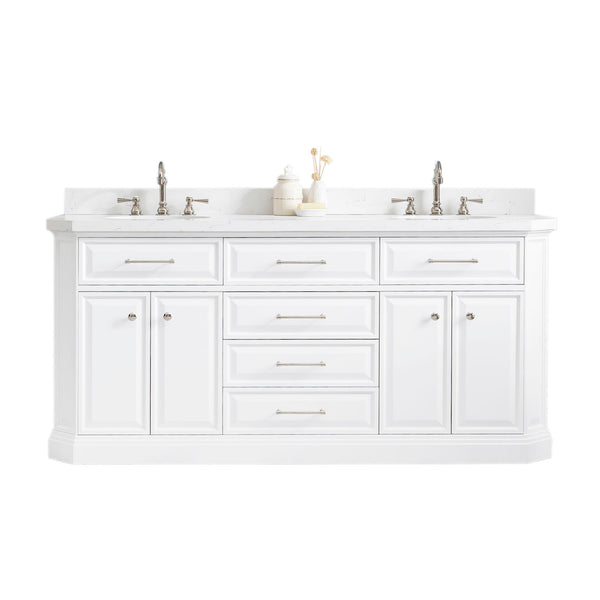 PALACE 72W x 34H Pure White Vanity with Carrara Quartz Countertop + Faucets (F2-0012), Polished Nickel Finish Hardware