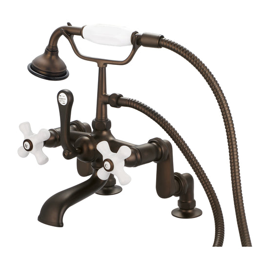 Vintage Classic Adjustable Center Deck Mount Tub Faucet With Handheld Shower in Oil Rubbed Bronze Finish, With Porcelain Cross Handles, Hot And Cold Labels Included