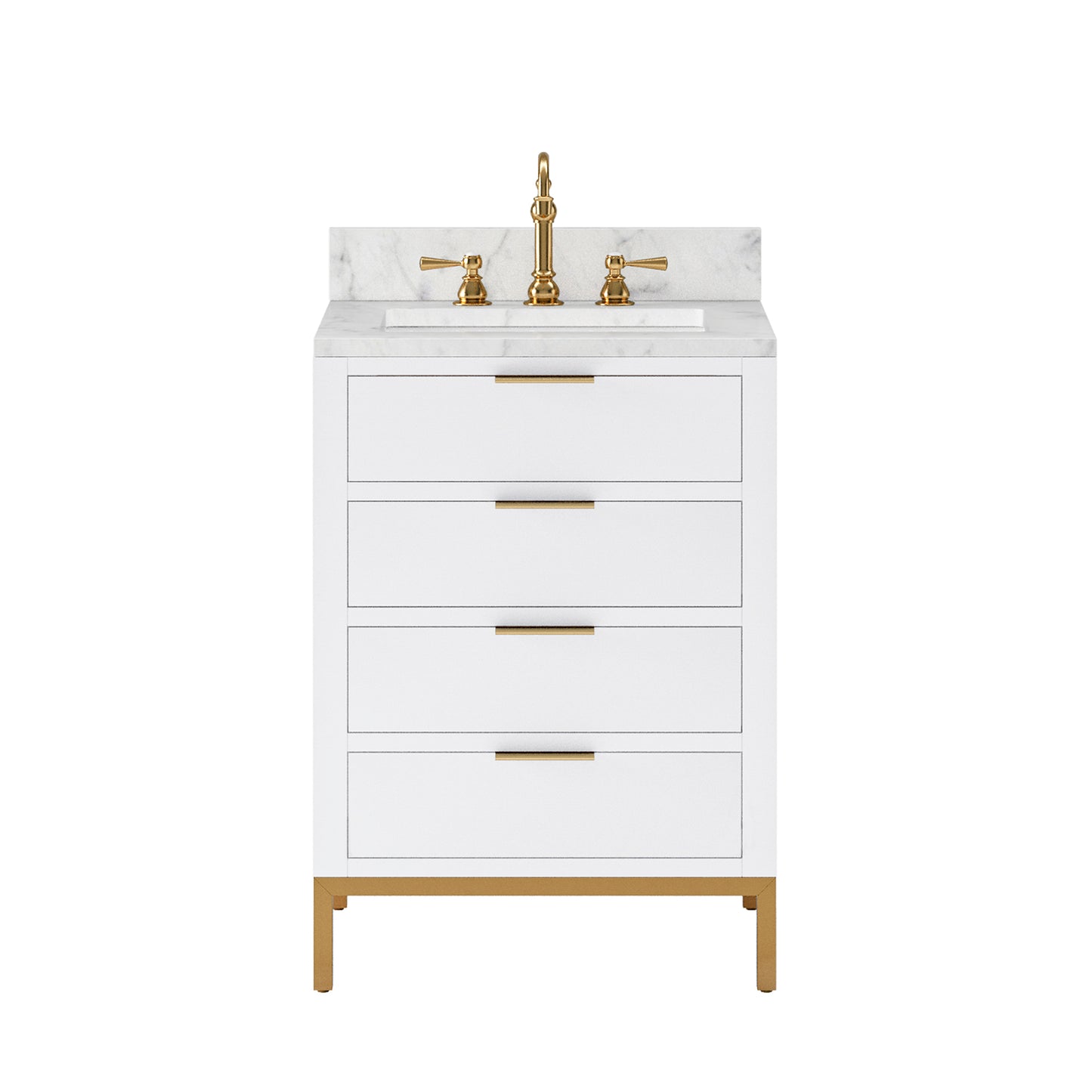 BRISTOL 24"W x 34"H Pure White Single-Sink Vanity with Carrara White Marble Countertop + Satin Gold Hook Faucet