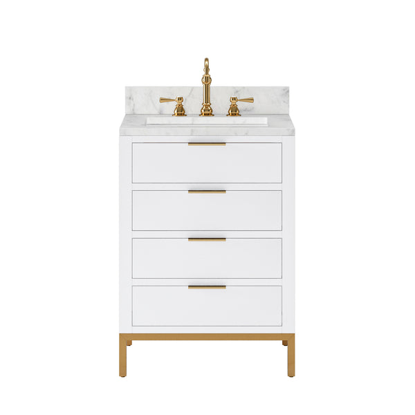 BRISTOL 24W x 34H Pure White Single-Sink Vanity with Carrara White Marble Countertop + Satin Gold Hook Faucet