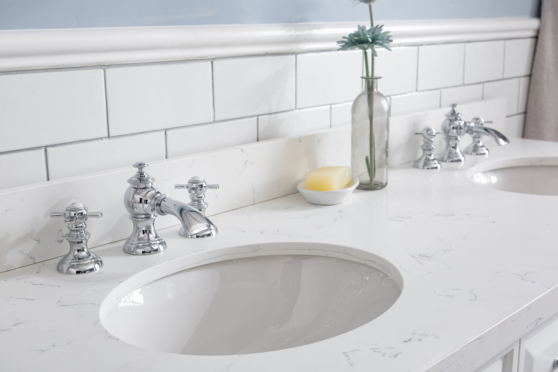 PALACE 60"W x 34"H Pure White Vanity with Carrara Quartz Countertop + Faucets (F2-0013), Chrome Finish Hardware