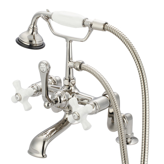 Vintage Classic Adjustable Center Deck Mount Tub Faucet With Handheld Shower in Polished Nickel Finish, With Porcelain Cross Handles, Hot And Cold Labels Included