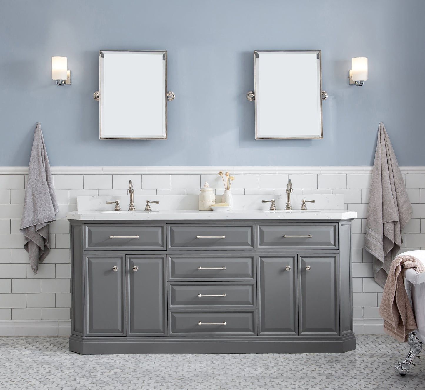 PALACE 72"W x 34"H Cashmere Gray Vanity with Carrara Quartz Countertop + Faucets & Mirror (F2-0012), Polished Nickel Finish Hardware & Mirror