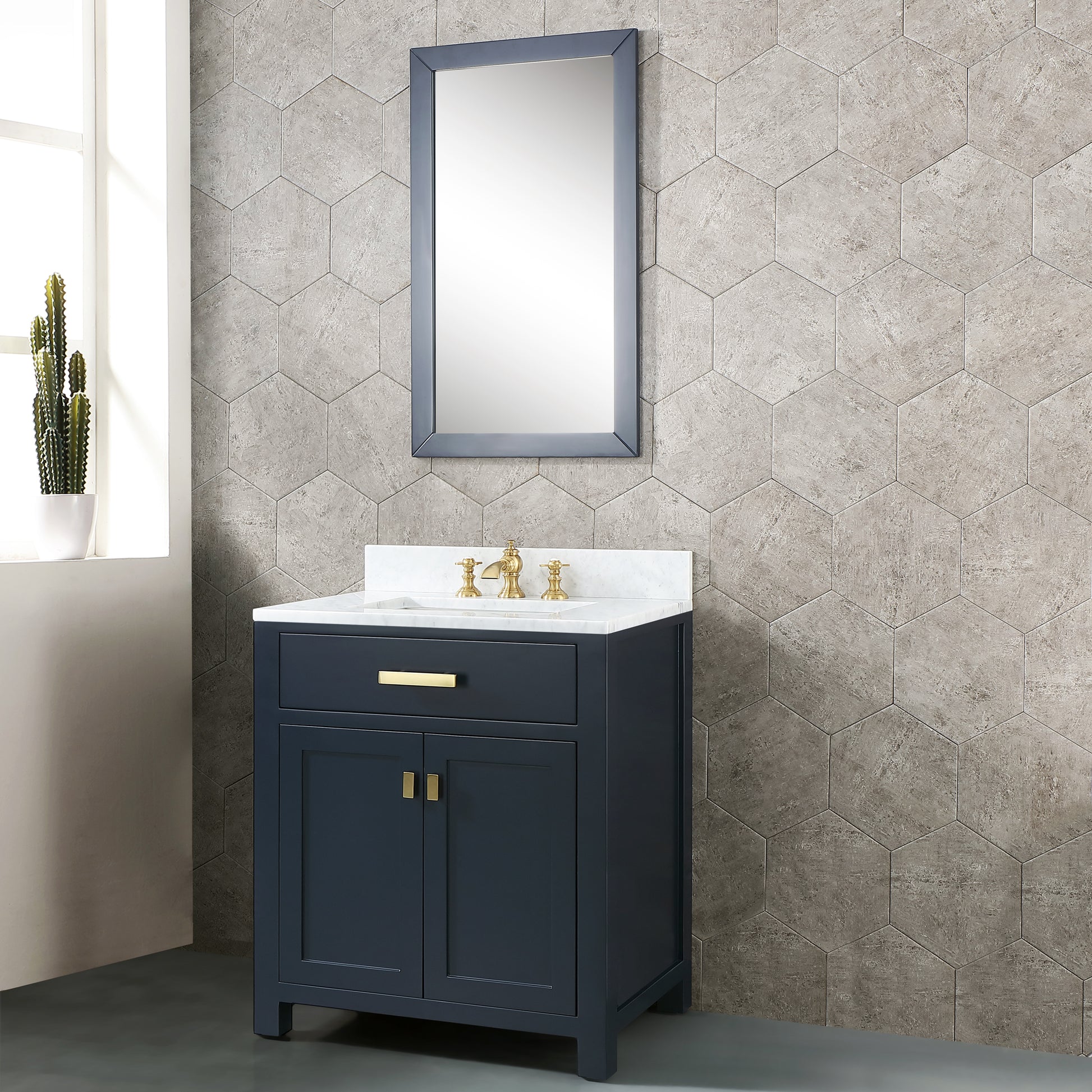 MADISON 30"W x 34"H Monarch Blue Single-Sink Vanity with Carrara White Marble Countertop + Mirror