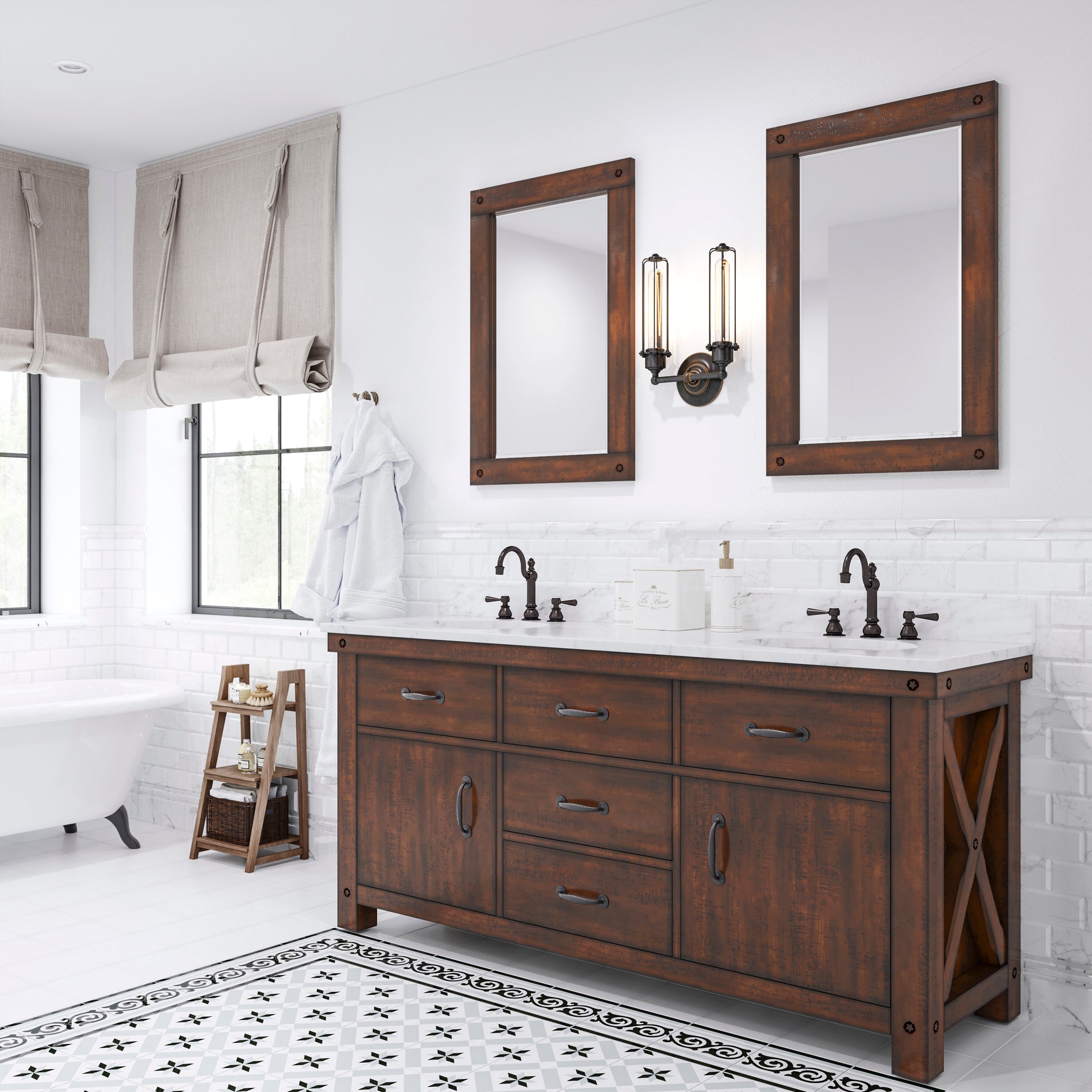 ABERDEEN 72"W x 34"H Sierra Rustic Double-Sink Vanity with Carrara White Marble Countertop + Hook Faucets and Mirrors