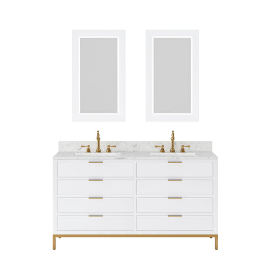 BRISTOL 60"W x 34"H Pure White Double-Sink Vanity with Carrara White Marble Countertop + Satin Gold Hook Faucets and Rectangular Mirrors (S)