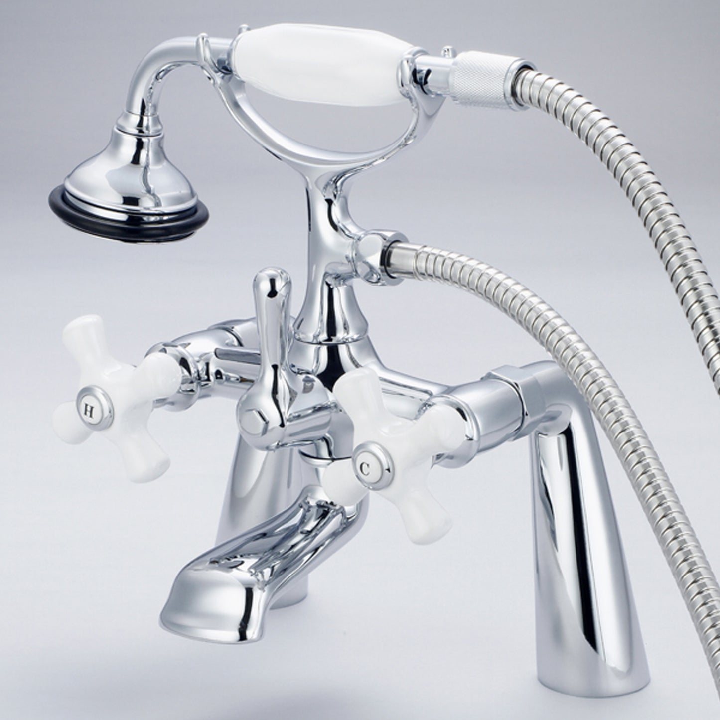 Vintage Classic 7" Spread Deck Mount Tub Faucet With Handheld Shower in Chrome Finish, With Porcelain Cross Handles, Hot And Cold Labels Included