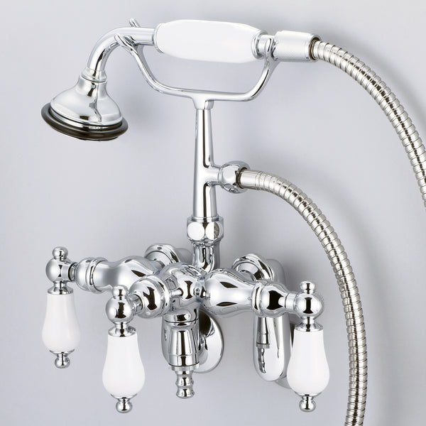 Vintage Classic Adjustable Center Wall Mount Tub Faucet With Down Spout, Swivel Wall Connector & Handheld Shower in Chrome Finish, With Porcelain Lever Handles Without labels