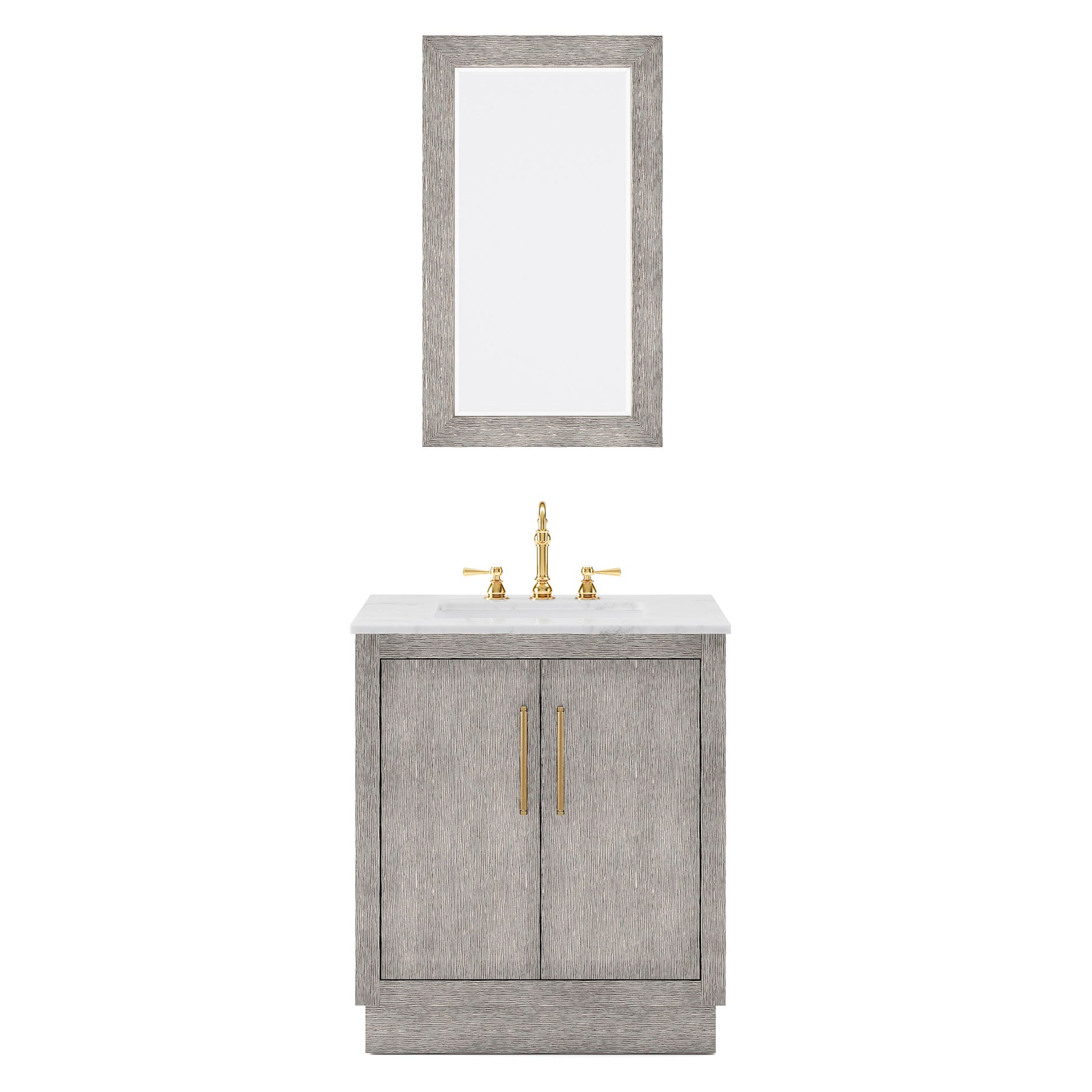 HUGO 30"W x 34.3"H Gray Oak Single-Sink Vanity with Carrara White Marble Countertop + Hook Faucet and Mirror