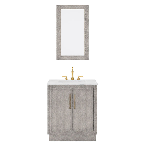 HUGO 30W x 34.3H Gray Oak Single-Sink Vanity with Carrara White Marble Countertop + Hook Faucet and Mirror