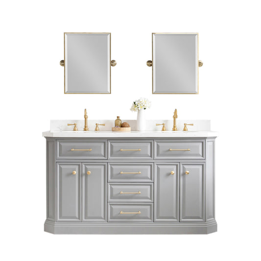 PALACE 60"W x 34"H Cashmere Gray Vanity with Carrara Quartz Countertop + Faucets & Mirrors (F2-0012), Satin Gold Finish Hardware & Chrome Finish Mirror (B)