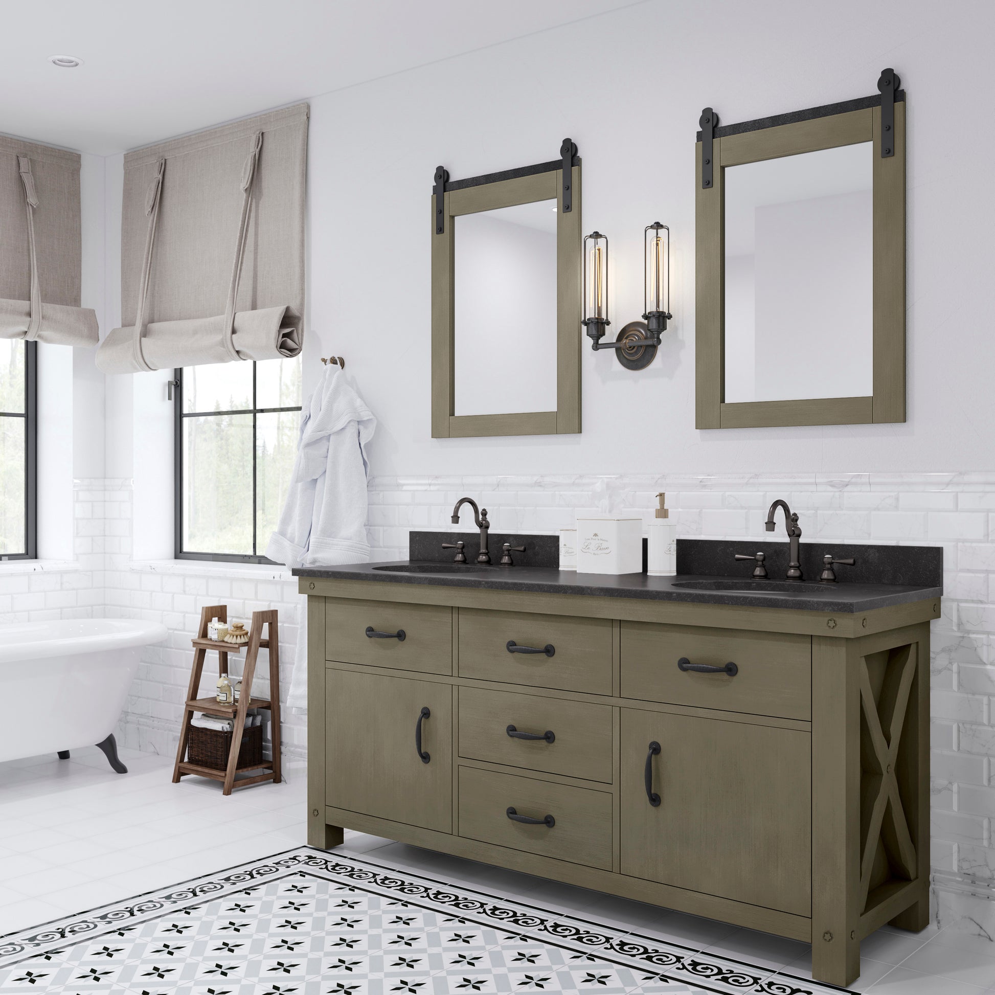 ABERDEEN 72"W x 34"H Grizzle Gray Double-Sink Vanity with Blue Limestone Countertop + Mirror