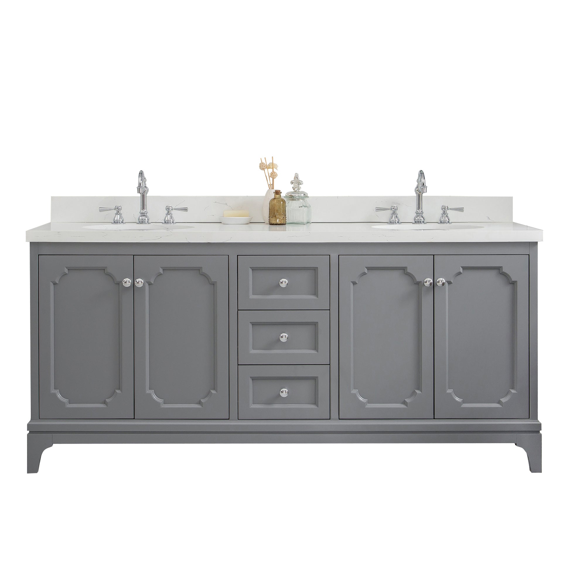 QUEEN 72"W x 34"H Cashmere Gray Double-Sink Vanity with Carrara Quartz Countertop + Faucets (F2-0012-01-TL)