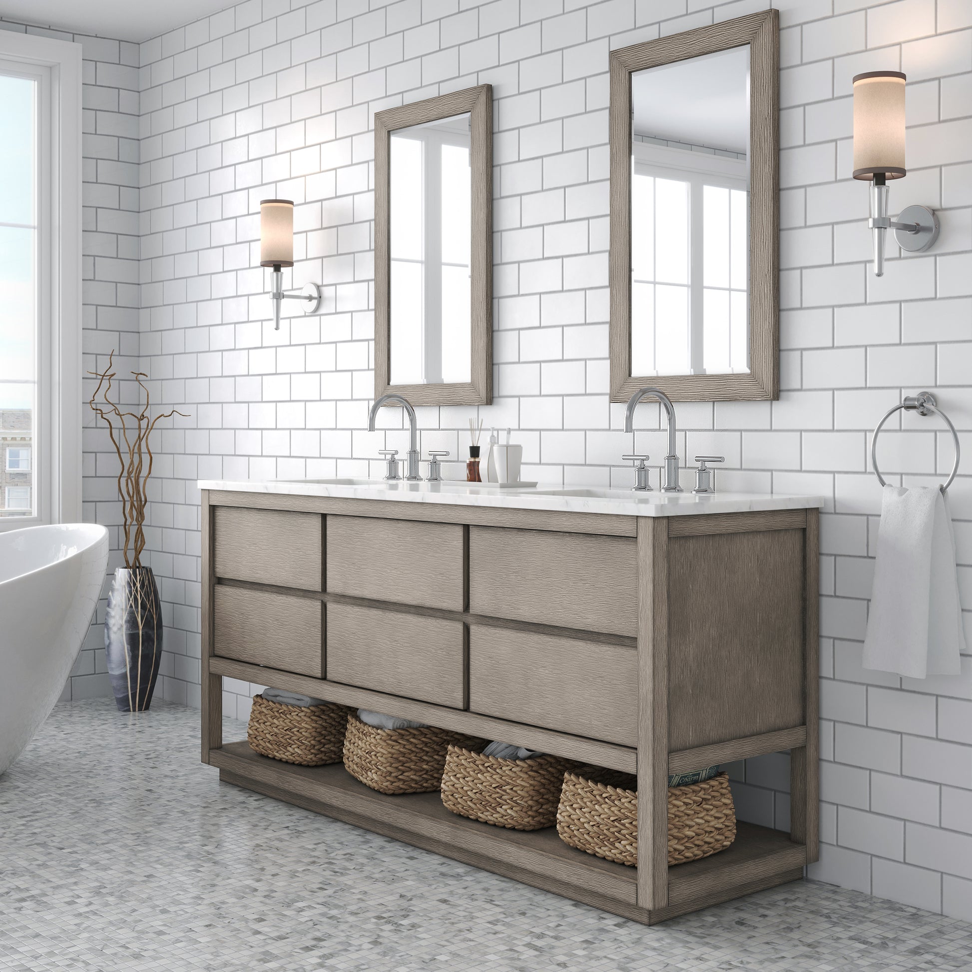 OAKMAN 72"W x 34.3"H Gray Oak Double-Sink Vanity with Carrara White Marble Countertop + Chrome Faucets and Rectangular Mirrors