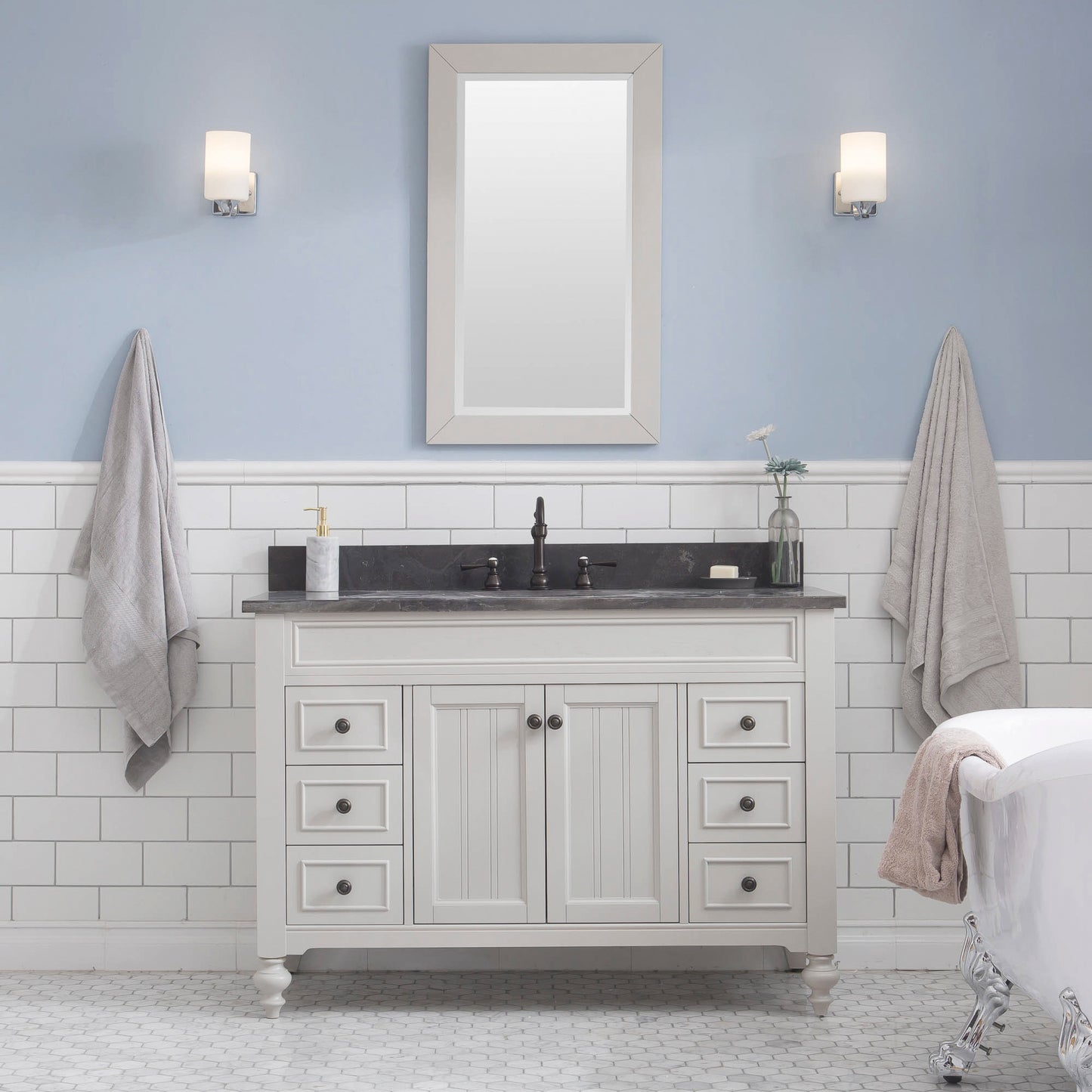 POTENZA 48"W x 34"H Earl Gray Vanity with Blue Limestone Countertop + Faucets B