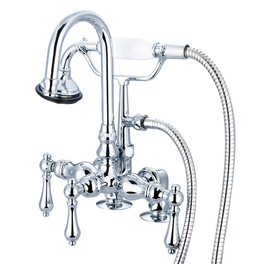 Vintage Classic 3.375" Center Deck Mount Tub Faucet With Gooseneck Spout, 2" Risers & Handheld Shower in Chrome Finish, With Metal Lever Handles Without Labels