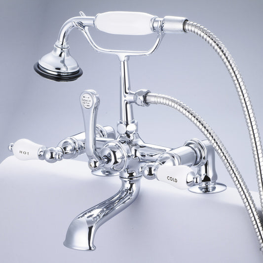 Vintage Classic 7" Spread Deck Mount Tub Faucet With 2" Risers & Handheld Shower in Chrome Finish, With Porcelain Lever Handles, Hot And Cold Labels Included