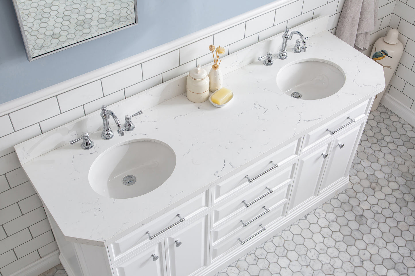 PALACE 72"W x 34"H Pure White Vanity with Carrara Quartz Countertop + Faucets & Mirror (F2-0012), Chrome Finish Hardware & Mirror