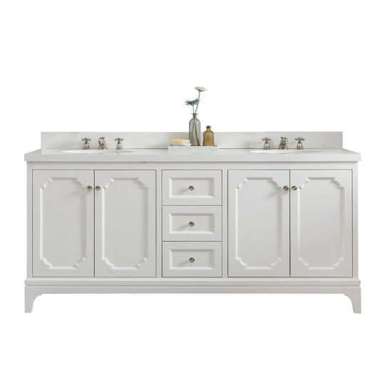 QUEEN 72"W x 34"H Pure White Double-Sink Vanity with Carrara Quartz Countertop