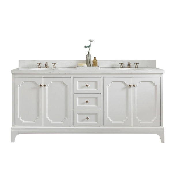 QUEEN 72W x 34H Pure White Double-Sink Vanity with Carrara Quartz Countertop