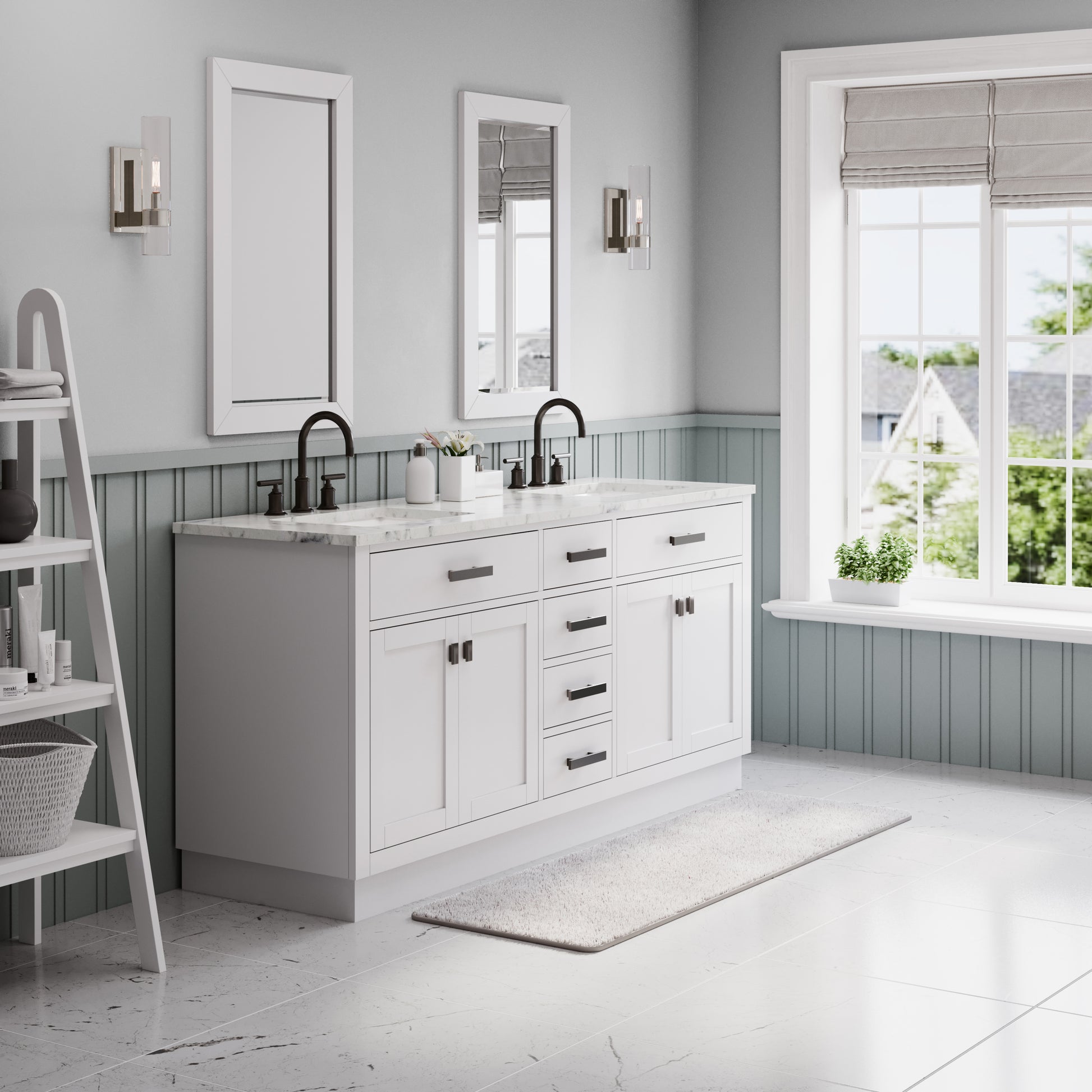 HARTFORD 72"W x 34"H Pure White Double-Sink Vanity with Carrara White Marble Countertop + Gooseneck Faucet