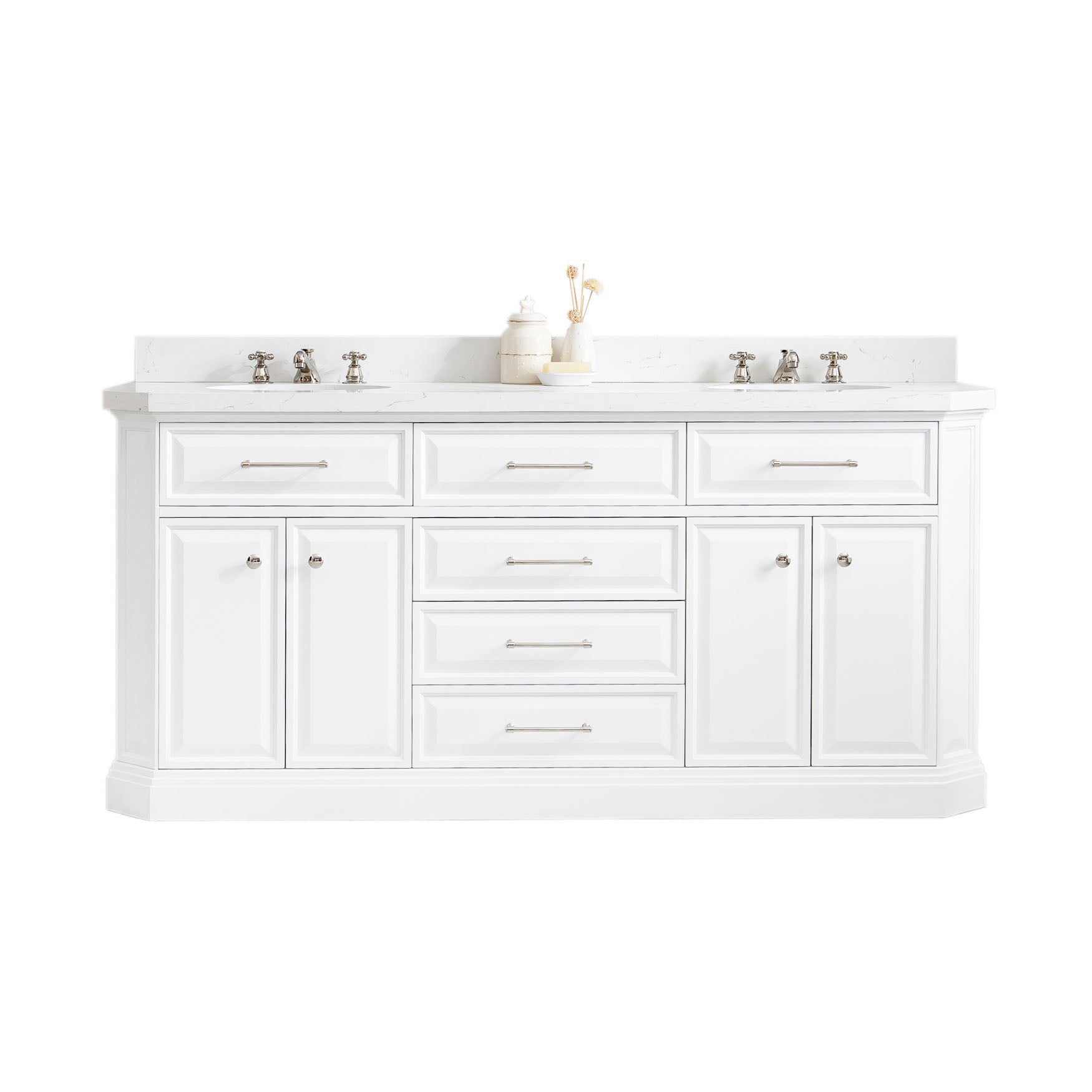 PALACE 72"W x 34"H Pure White Vanity with Carrara Quartz Countertop + Faucets (F2-0009), Polished Nickel Finish Hardware