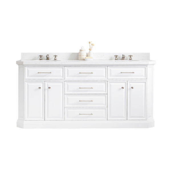 PALACE 72W x 34H Pure White Vanity with Carrara Quartz Countertop + Faucets (F2-0009), Polished Nickel Finish Hardware