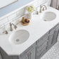 PALACE 60"W x 34"H Cashmere Gray Vanity with Carrara Quartz Countertop + Faucets (F2-0012), Polished Nickel Finish Hardware