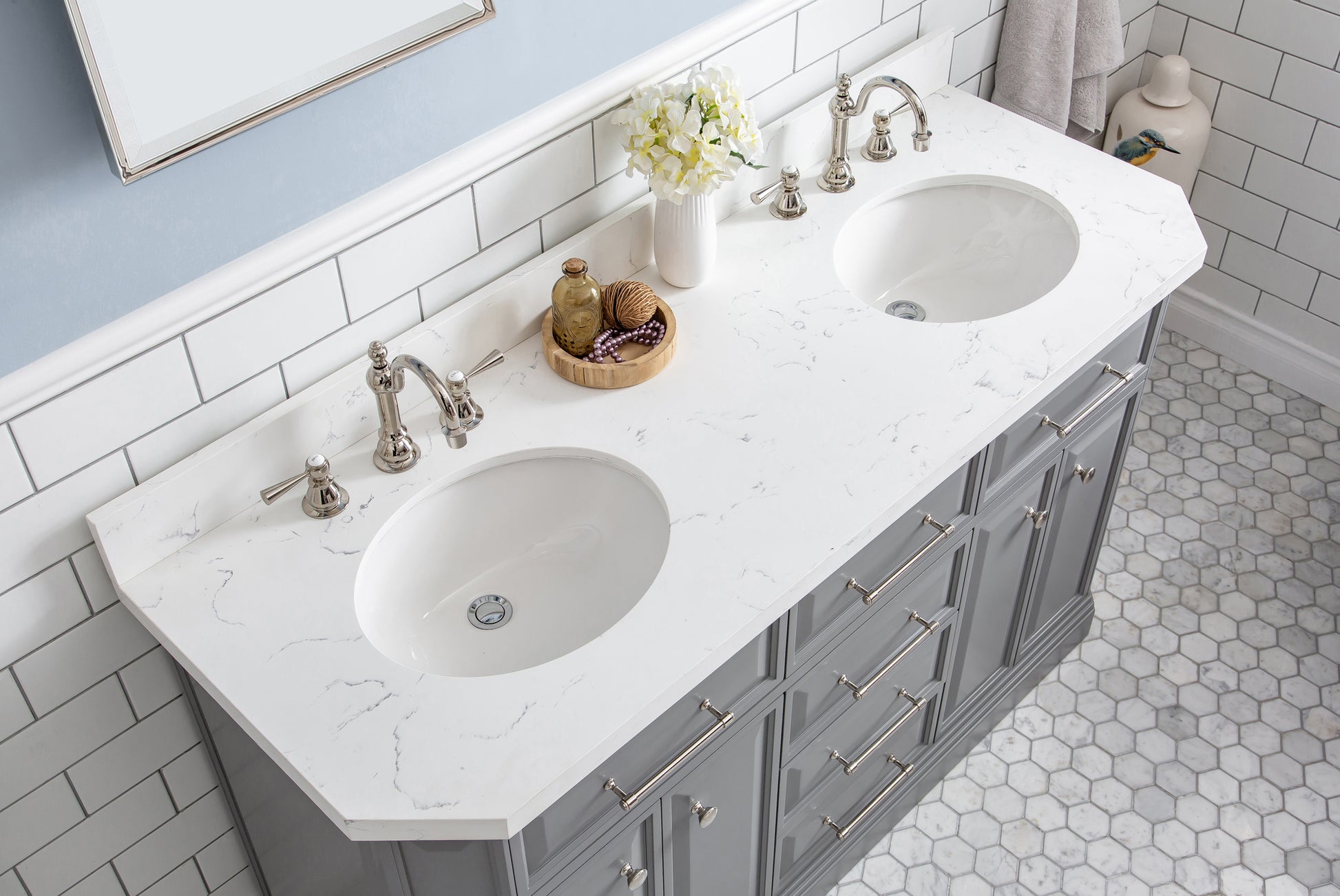 PALACE 60"W x 34"H Cashmere Gray Vanity with Carrara Quartz Countertop + Faucets (F2-0012), Polished Nickel Finish Hardware