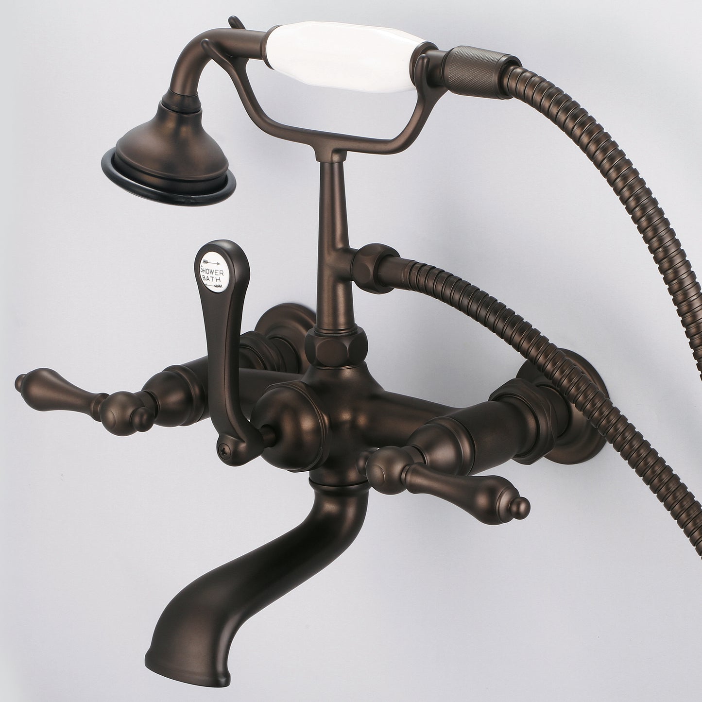 Vintage Classic 7" Spread Wall Mount Tub Faucet With Straight Wall Connector & Handheld Shower in Oil Rubbed Bronze Finish, With Metal Lever Handles Without Labels