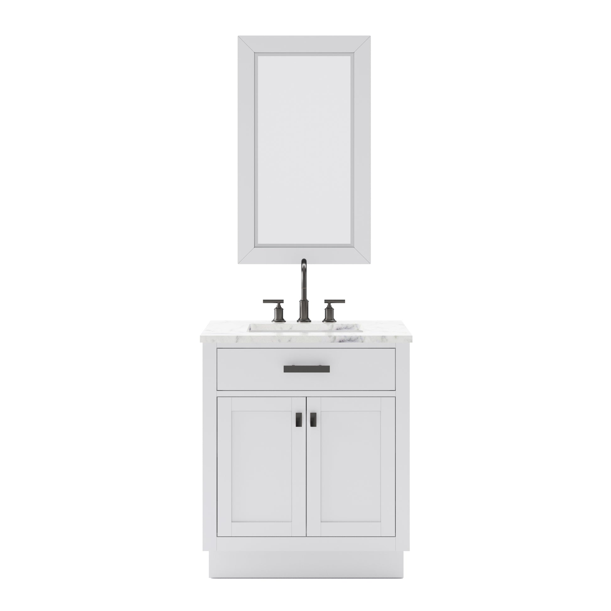 HARTFORD 30"W x 34"H Pure White Single-Sink Vanity with Carrara White Marble Countertop + Gooseneck Faucet and Rectangular Mirror (S)