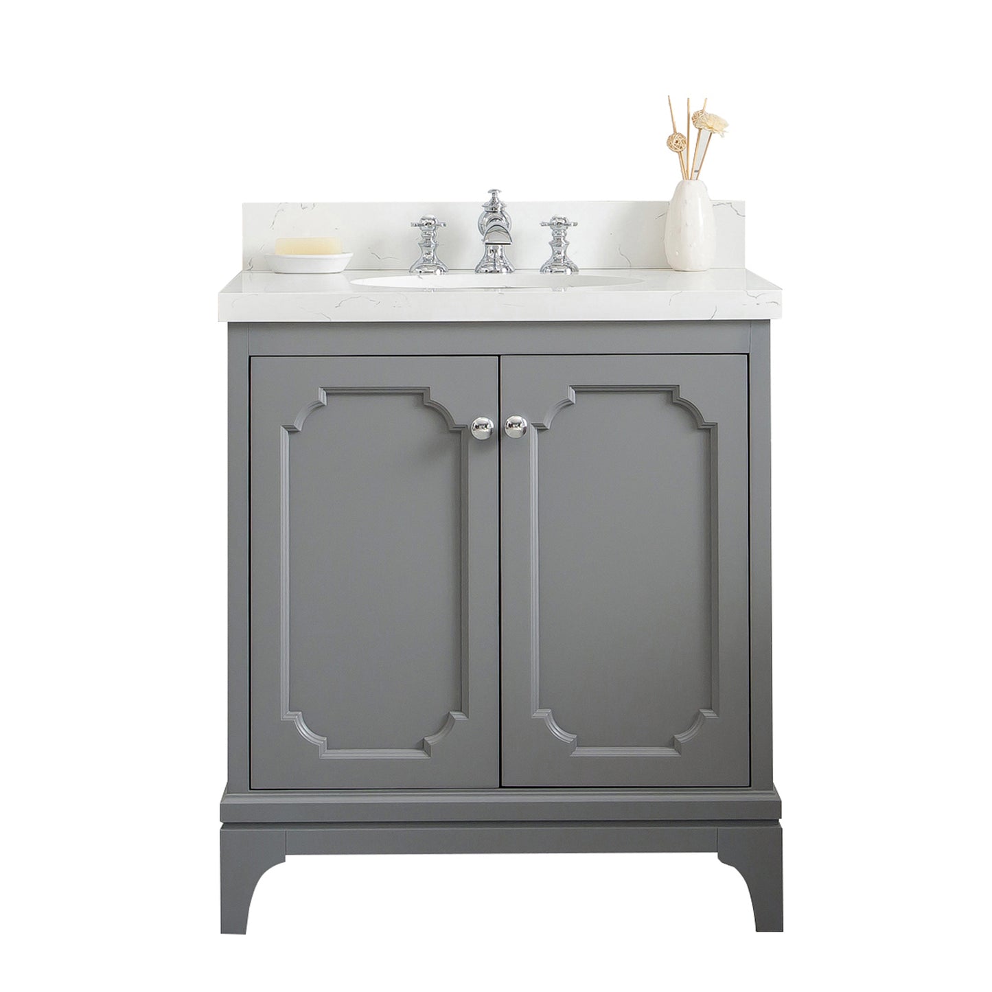 QUEEN 30"W x 34"H Cashmere Gray Single-Sink Vanity with Carrara Quartz Countertop + Faucets (F2-0013)