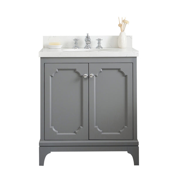 QUEEN 30W x 34H Cashmere Gray Single-Sink Vanity with Carrara Quartz Countertop + Faucets (F2-0013)