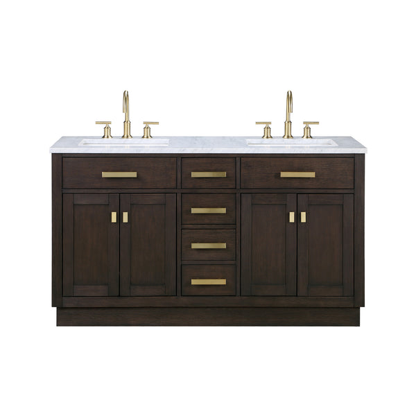 CHESTNUT 60W x 34.2H Brown Oak Double-Sink Vanity with Carrara White Marble Countertop