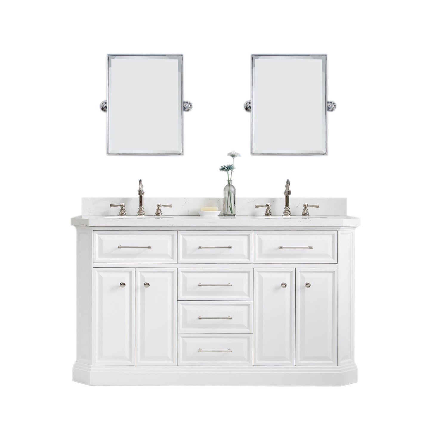 PALACE 60"W x 34"H Pure White Vanity with Carrara Quartz Countertop + Faucets & Mirror (F2-0012), Polished Nickel Finish Hardware & Mirror