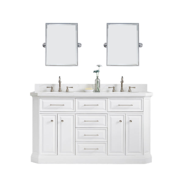 PALACE 60W x 34H Pure White Vanity with Carrara Quartz Countertop + Faucets & Mirror (F2-0012), Polished Nickel Finish Hardware & Mirror