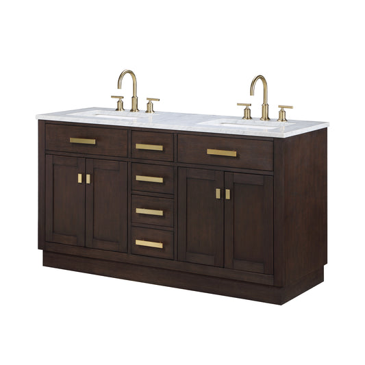 CHESTNUT 60"W x 34.2"H Brown Oak Double-Sink Vanity with Carrara White Marble Countertop + Faucets