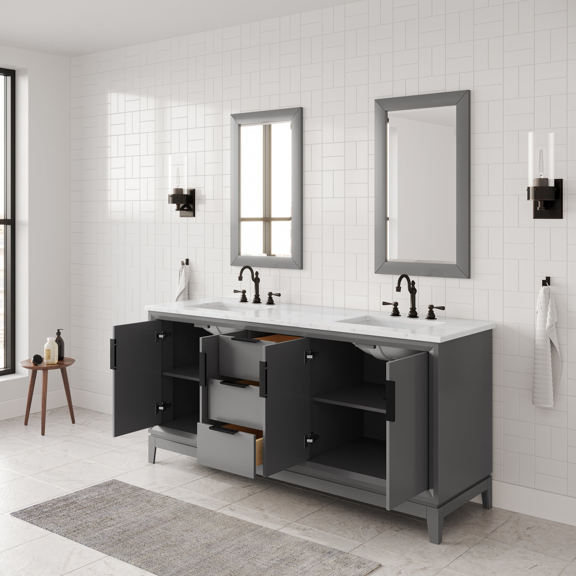 ELIZABETH 72"W x 34.25"H Cashmere Gray Double-Sink Vanity with Carrara White Marble Countertop + Faucets & Mirror (F2-0012-03-TL)