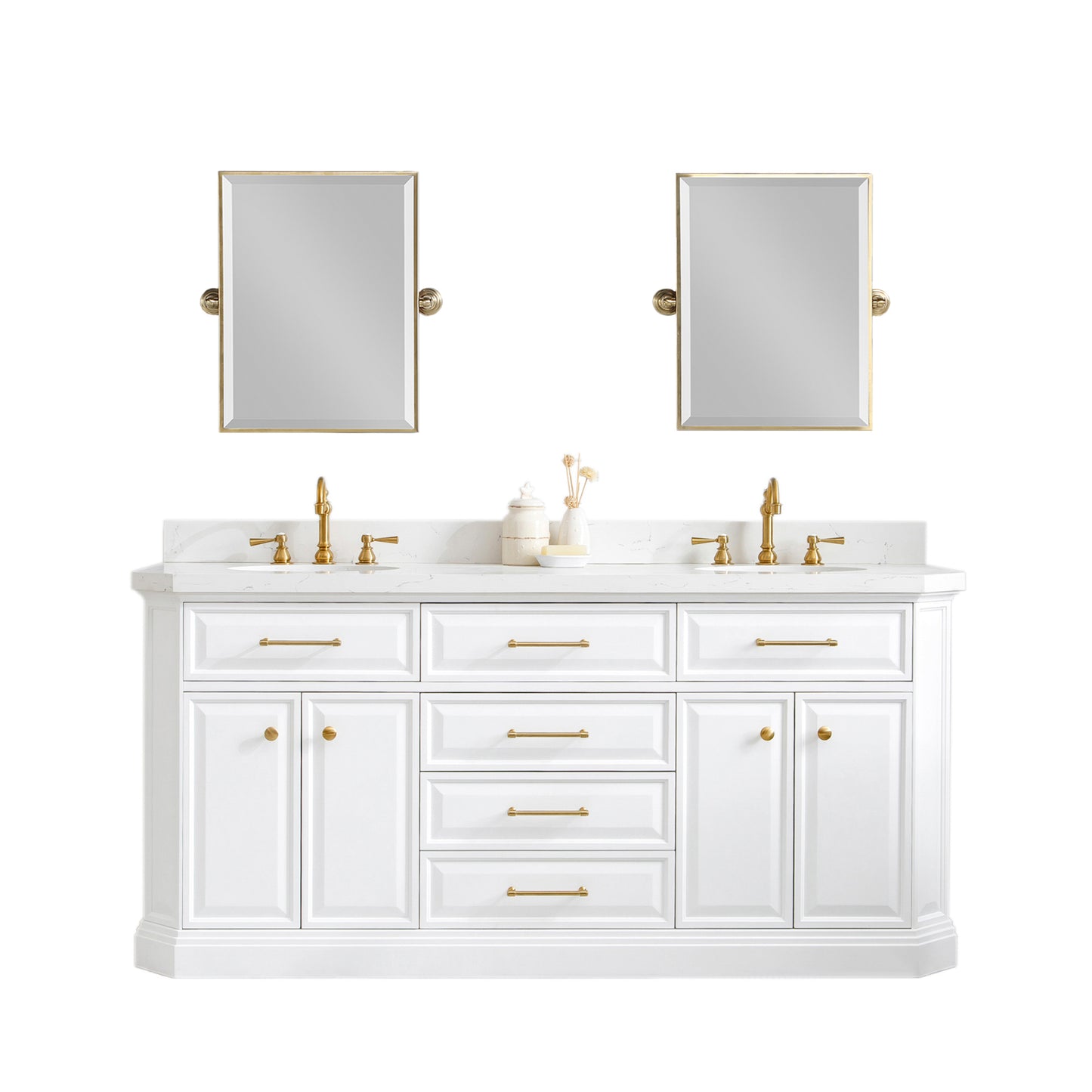 PALACE 72"W x 34"H Pure White Vanity with Carrara Quartz Countertop + Mirrors, Satin Gold Finish Hardware & Chrome Finish Mirror (B)