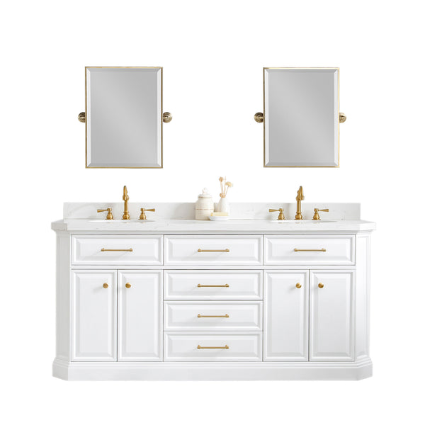 PALACE 72W x 34H Pure White Vanity with Carrara Quartz Countertop + Mirrors, Satin Gold Finish Hardware & Chrome Finish Mirror (B)