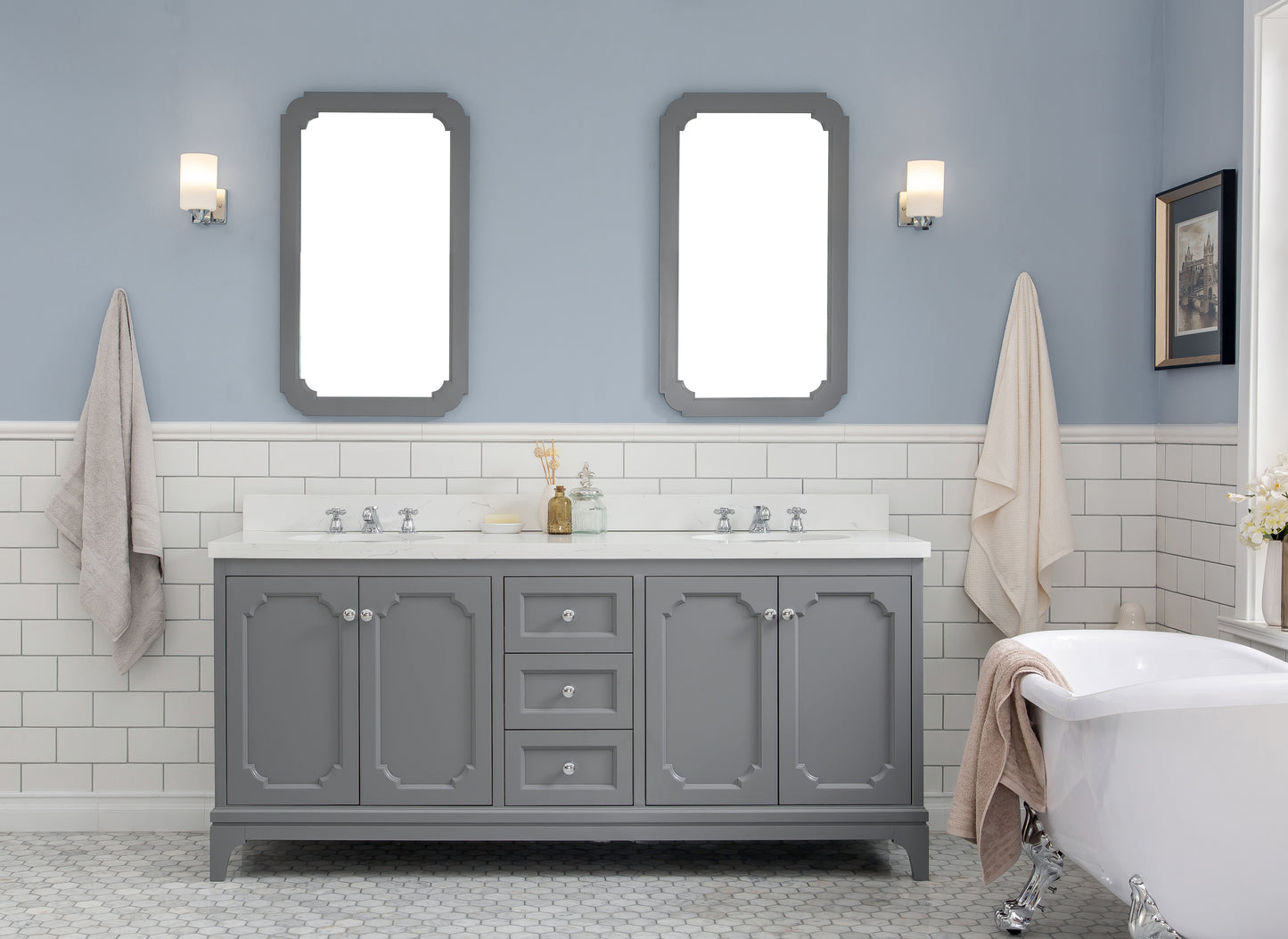 QUEEN 72"W x 34"H Cashmere Gray Double-Sink Vanity with Carrara Quartz Countertop + Faucets & Mirror (F2-0009-01-BX)