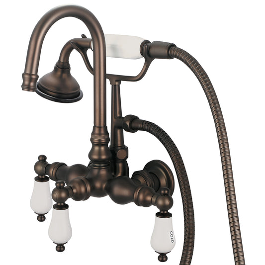 Vintage Classic 3.375" Center Wall Mount Tub Faucet With Gooseneck Spout, Straight Wall Connector & Handheld Shower in Oil Rubbed Bronze Finish, With Porcelain Lever Handles, Hot And Cold Labels Included