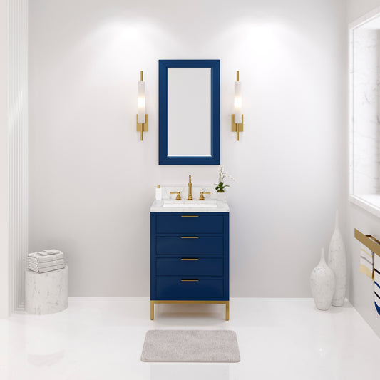 BRISTOL 24"W x 34"H Monarch Blue Single-Sink Vanity with Carrara White Marble Countertop + Satin Gold Hook Faucet and Rectangular Mirror (S)