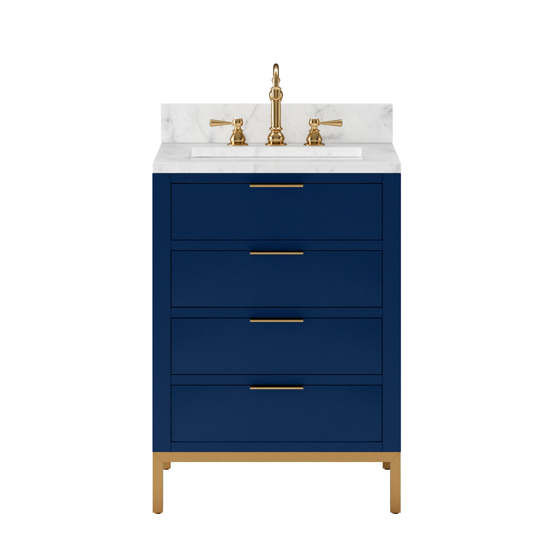 BRISTOL 24"W x 34"H Monarch Blue Single-Sink Vanity with Carrara White Marble Countertop + Satin Gold Hook Faucet