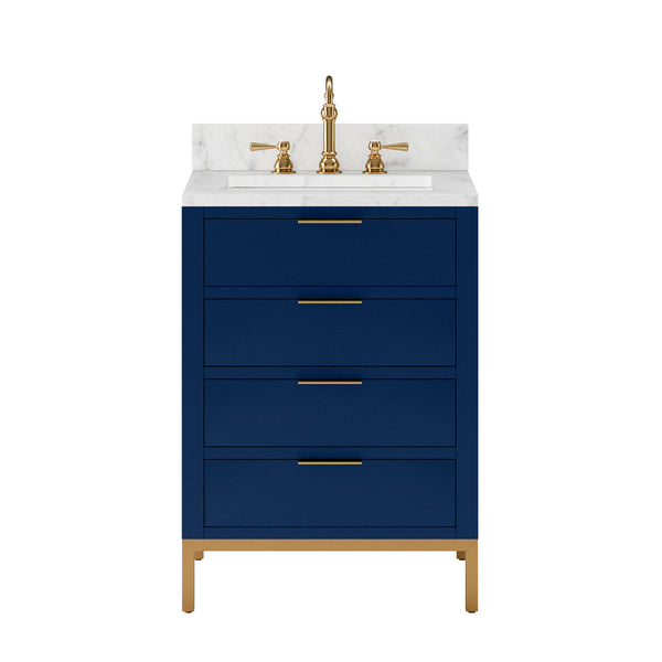 BRISTOL 24W x 34H Monarch Blue Single-Sink Vanity with Carrara White Marble Countertop + Satin Gold Hook Faucet