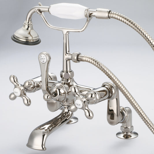 Vintage Classic Adjustable Center Deck Mount Tub Faucet With Handheld Shower in Polished Nickel Finish, With Metal Lever Handles, Hot And Cold Labels Included