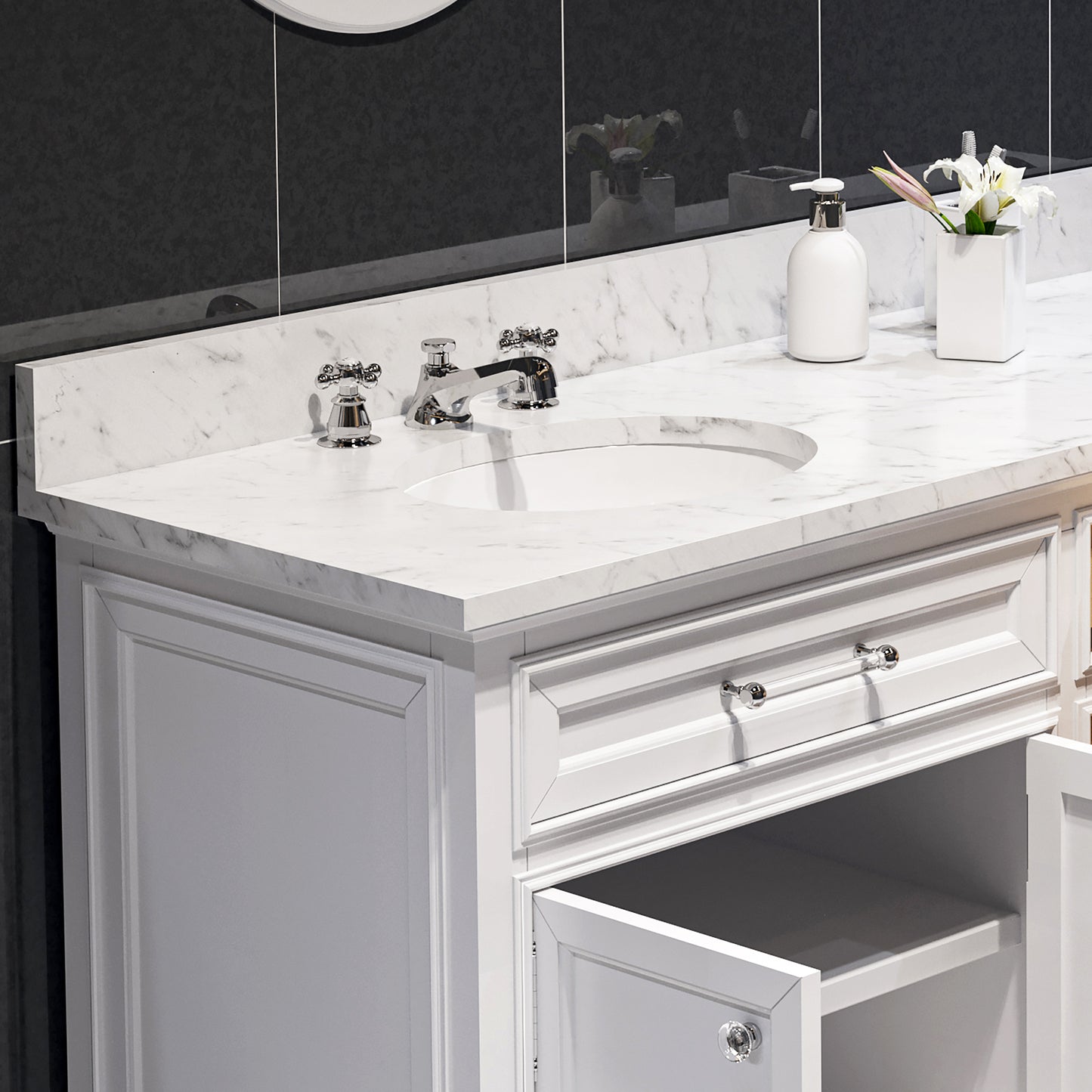 DERBY 72"W x 34"H Pure White Double-Sink Vanity with Carrara White Marble Countertop + Faucet